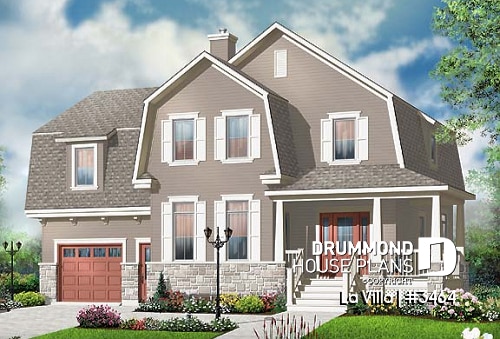 front - BASE MODEL - Barn style house plan, 5  bedrooms, master suite, fireplace, garage, kithcen with pantry and island - La Villa