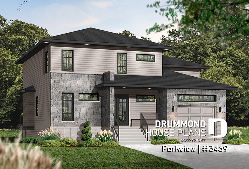 Color version 1 - Front - 3 to 4 Modern house plan with garage, 2 family rooms, home office, fireplace, open floor plan - Parkview