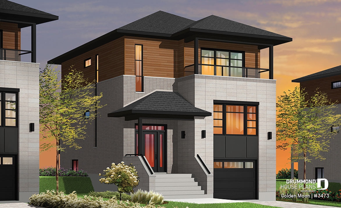 front - BASE MODEL - Contemporary narrow lot house plan, under building parking, family and living room, laundry on 2nd floor - Golden Moon