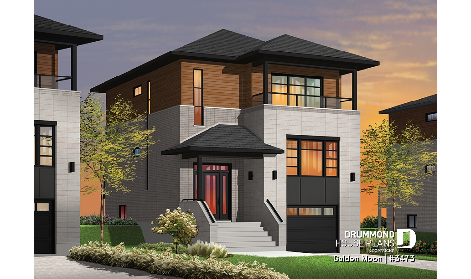 front - BASE MODEL - Contemporary narrow lot house plan, under building parking, family and living room, laundry on 2nd floor - Golden Moon