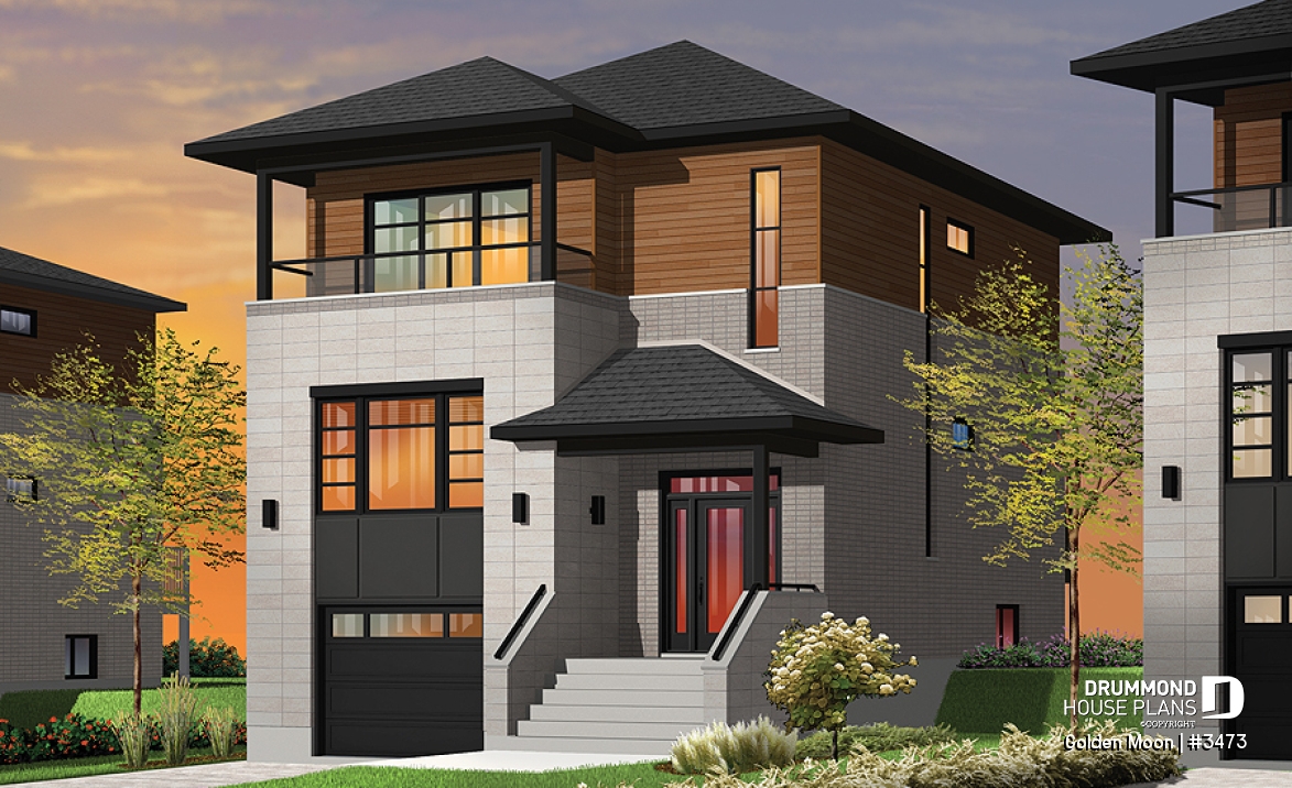front - BASE MODEL - Contemporary narrow lot house plan, under building parking, family and living room, laundry on 2nd floor - Golden Moon