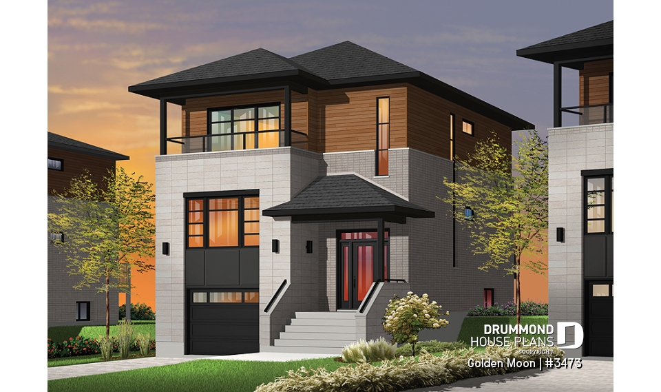 front - BASE MODEL - Contemporary narrow lot house plan, under building parking, family and living room, laundry on 2nd floor - Golden Moon