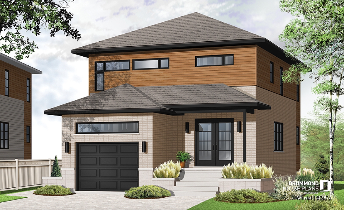 front - BASE MODEL - Modern narrow lot house plan with garage, large kitchen, 3 bedrooms, master with ensuite, covered terrace - Winslet