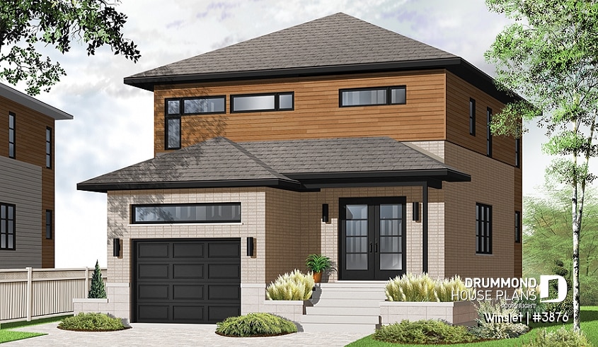 front - BASE MODEL - Modern narrow lot house plan with garage, large kitchen, 3 bedrooms, master with ensuite, covered terrace - Winslet