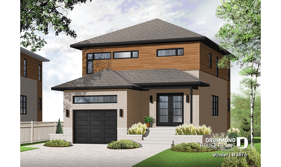 front - BASE MODEL - Modern narrow lot house plan with garage, large kitchen, 3 bedrooms, master with ensuite, covered terrace - Winslet