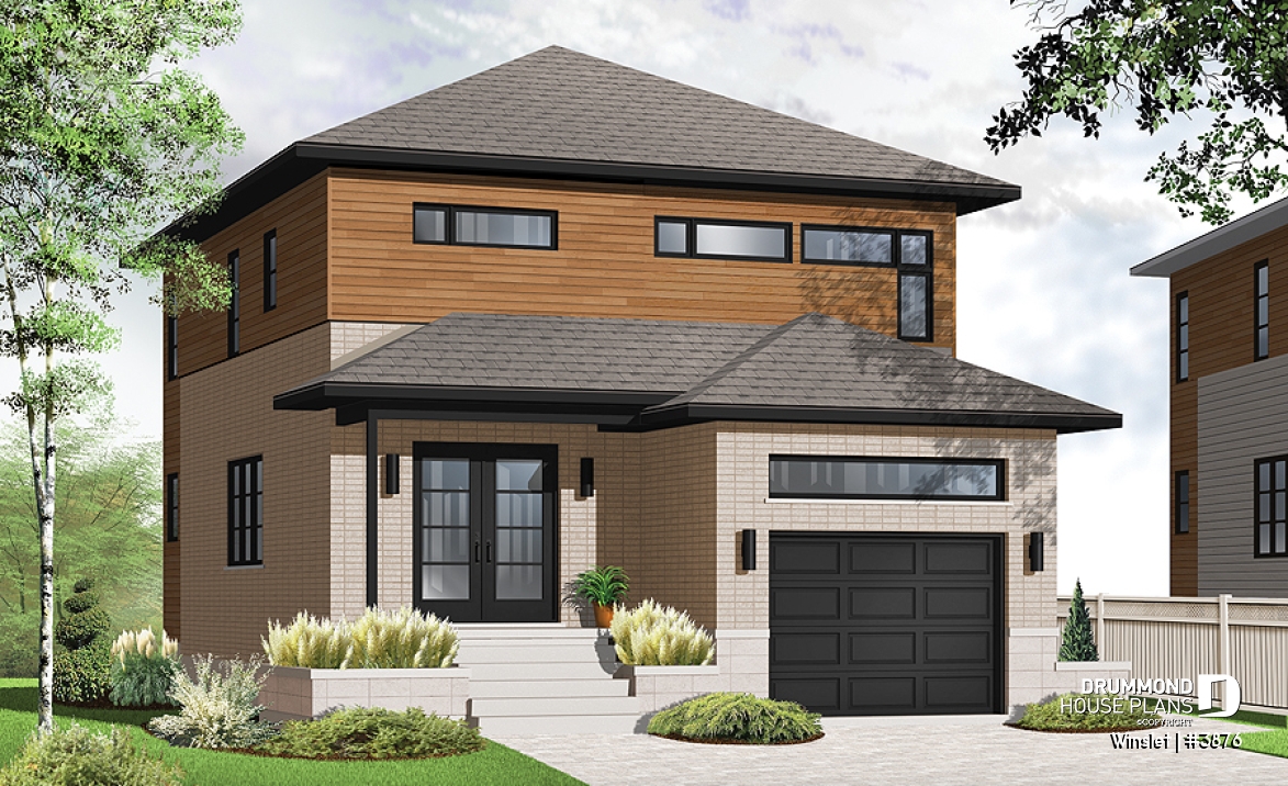 front - BASE MODEL - Modern narrow lot house plan with garage, large kitchen, 3 bedrooms, master with ensuite, covered terrace - Winslet