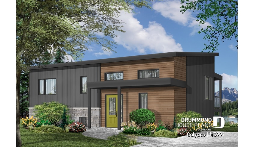 Color version 4 - Front - Split entry, Modern style cottage plan, up to 4 bedrooms, walk-out basement, covered terrace, open floor plan - Calypso