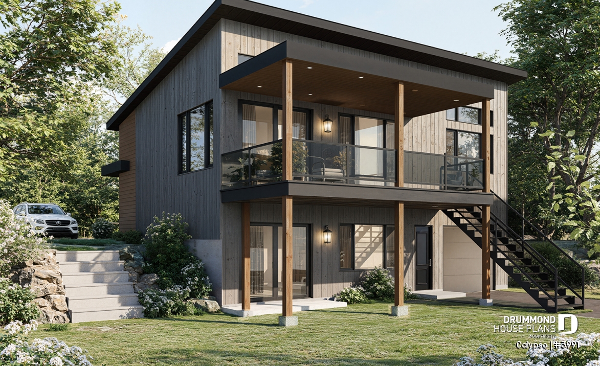 Rear view - BASE MODEL - Split entry, Modern style cottage plan, up to 4 bedrooms, walk-out basement, covered terrace, open floor plan - Calypso