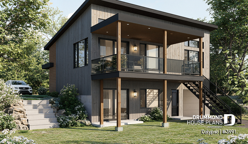 Rear view - BASE MODEL - Split entry, Modern style cottage plan, up to 4 bedrooms, walk-out basement, covered terrace, open floor plan - Calypso