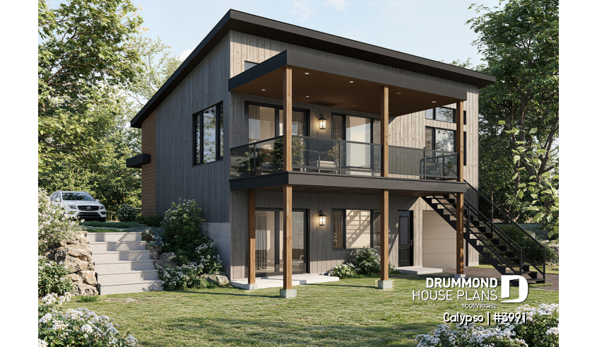 Rear view - BASE MODEL - Split entry, Modern style cottage plan, up to 4 bedrooms, walk-out basement, covered terrace, open floor plan - Calypso