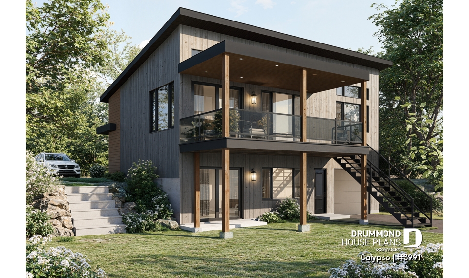 Rear view - BASE MODEL - Split entry, Modern style cottage plan, up to 4 bedrooms, walk-out basement, covered terrace, open floor plan - Calypso