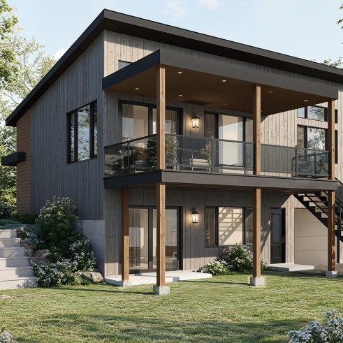 Rear view - BASE MODEL - Split entry, Modern style cottage plan, up to 4 bedrooms, walk-out basement, covered terrace, open floor plan - Calypso