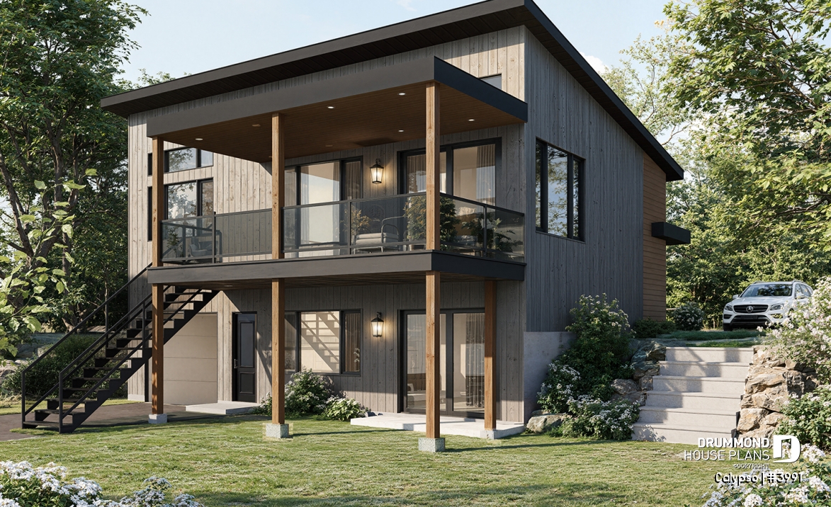 Rear view - BASE MODEL - Split entry, Modern style cottage plan, up to 4 bedrooms, walk-out basement, covered terrace, open floor plan - Calypso