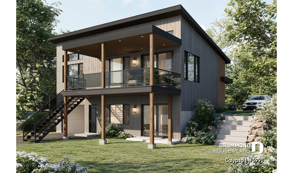 Rear view - BASE MODEL - Split entry, Modern style cottage plan, up to 4 bedrooms, walk-out basement, covered terrace, open floor plan - Calypso