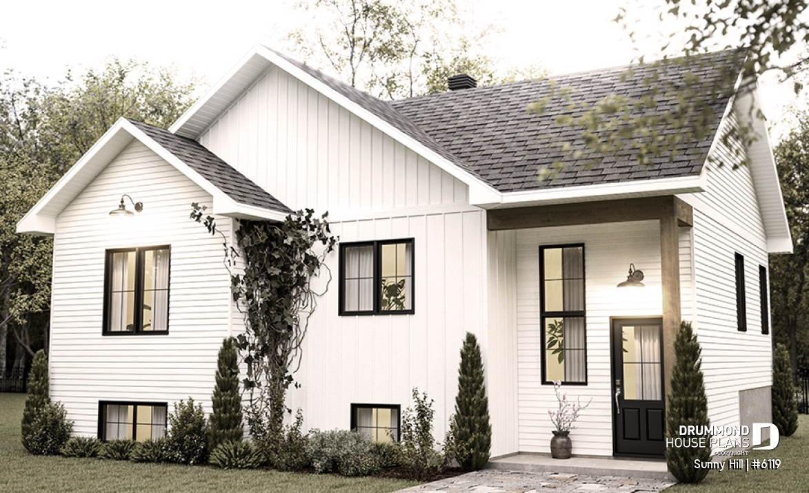 front - BASE MODEL - Split-level home plan with 4 bedrooms, 2 bathrooms, master on main level, covered rear terrace - Sunny Hill