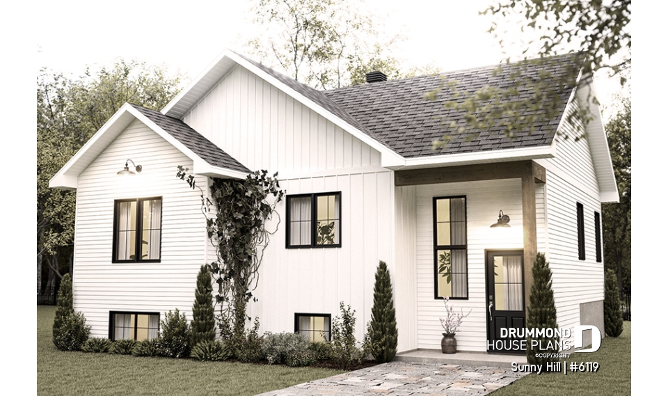 front - BASE MODEL - Split-level home plan with 4 bedrooms, 2 bathrooms, master on main level, covered rear terrace - Sunny Hill