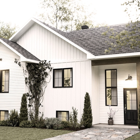 front - BASE MODEL - Split-level home plan with 4 bedrooms, 2 bathrooms, master on main level, covered rear terrace - Sunny Hill