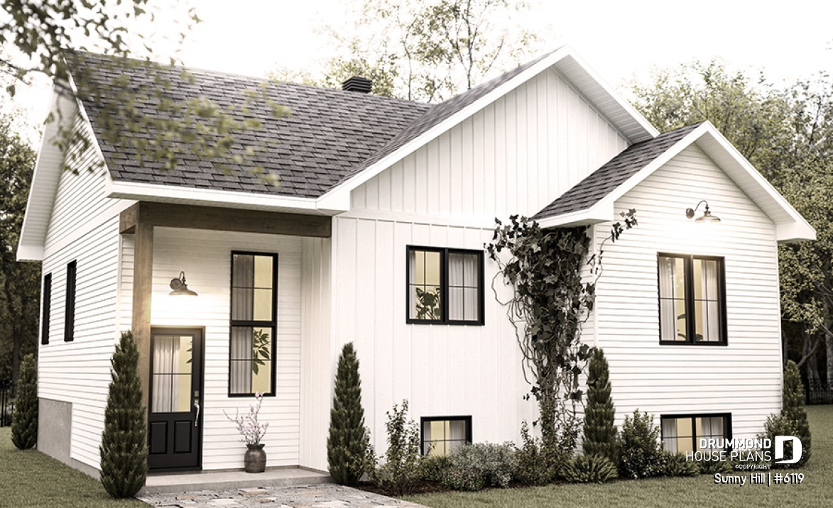 front - BASE MODEL - Split-level home plan with 4 bedrooms, 2 bathrooms, master on main level, covered rear terrace - Sunny Hill