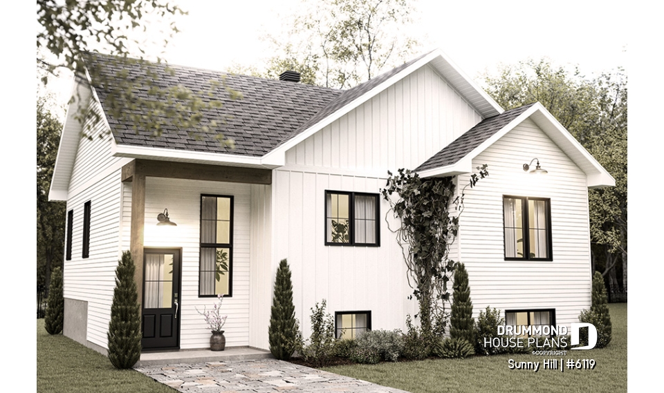 front - BASE MODEL - Split-level home plan with 4 bedrooms, 2 bathrooms, master on main level, covered rear terrace - Sunny Hill