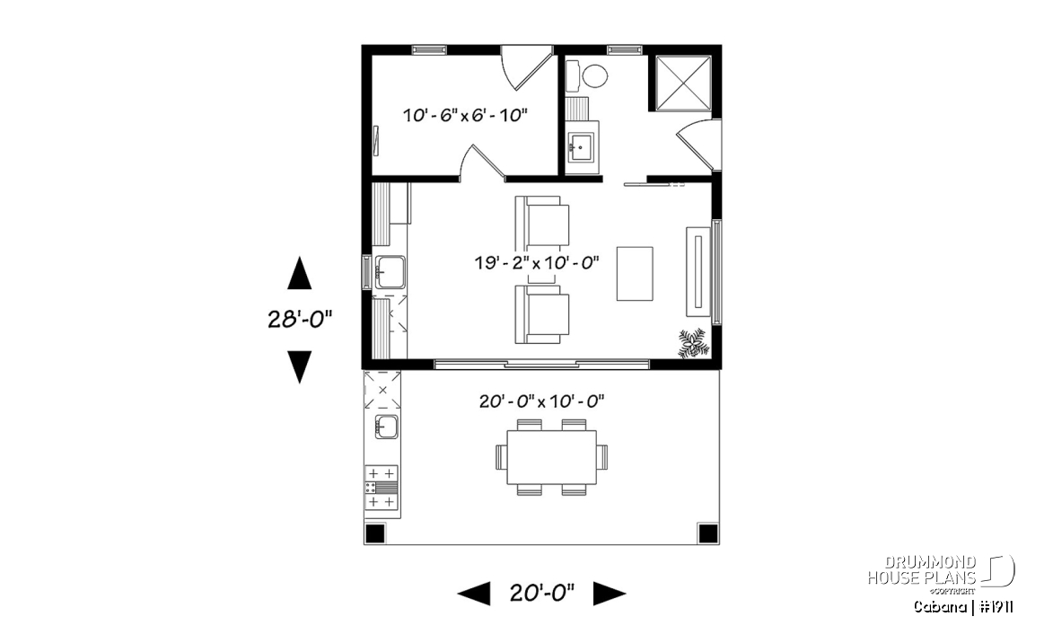 1st level - Pool house plan or cabana house plan, shower room, outdoor kitchen, large covered terrace, storage  - Cabana