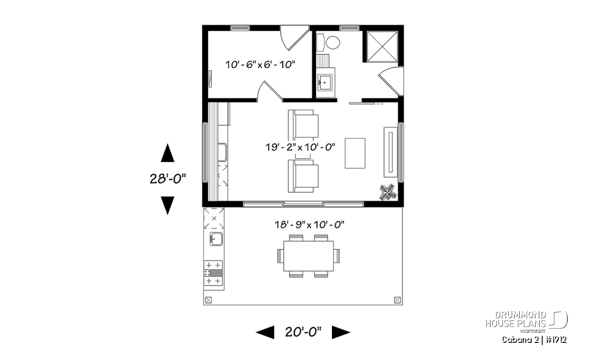1st level - Pool house plan or cabana house plan, shower room, outdoor kitchen, large covered terrace, storage  - Cabana 2