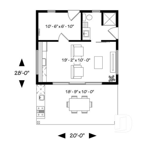 1st level - Pool house plan or cabana house plan, shower room, outdoor kitchen, large covered terrace, storage  - Cabana 2