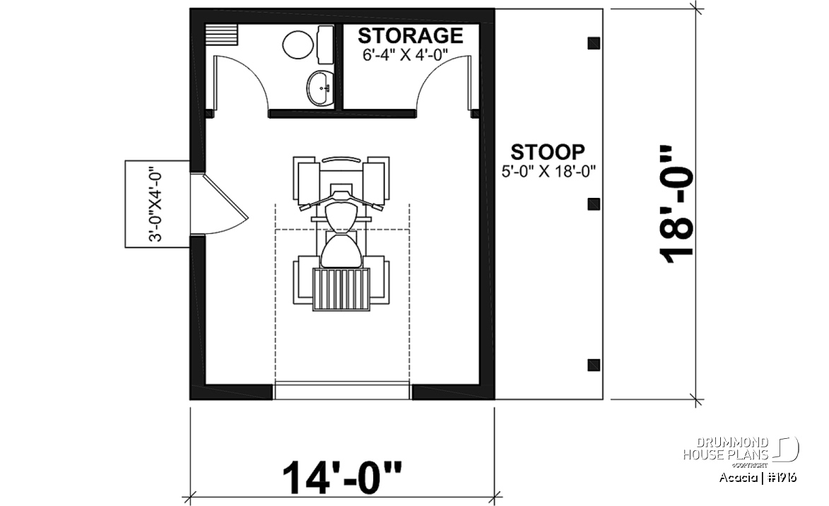 1st level - Shed plan with bathroom, lean-to to store bicycles or firewood in the shelter - Acacia