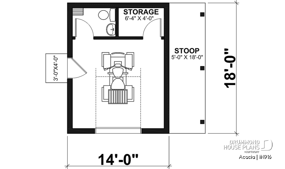 1st level - Shed plan with bathroom, lean-to to store bicycles or firewood in the shelter - Acacia