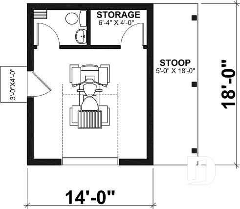 1st level - Shed plan with bathroom, lean-to to store bicycles or firewood in the shelter - Acacia
