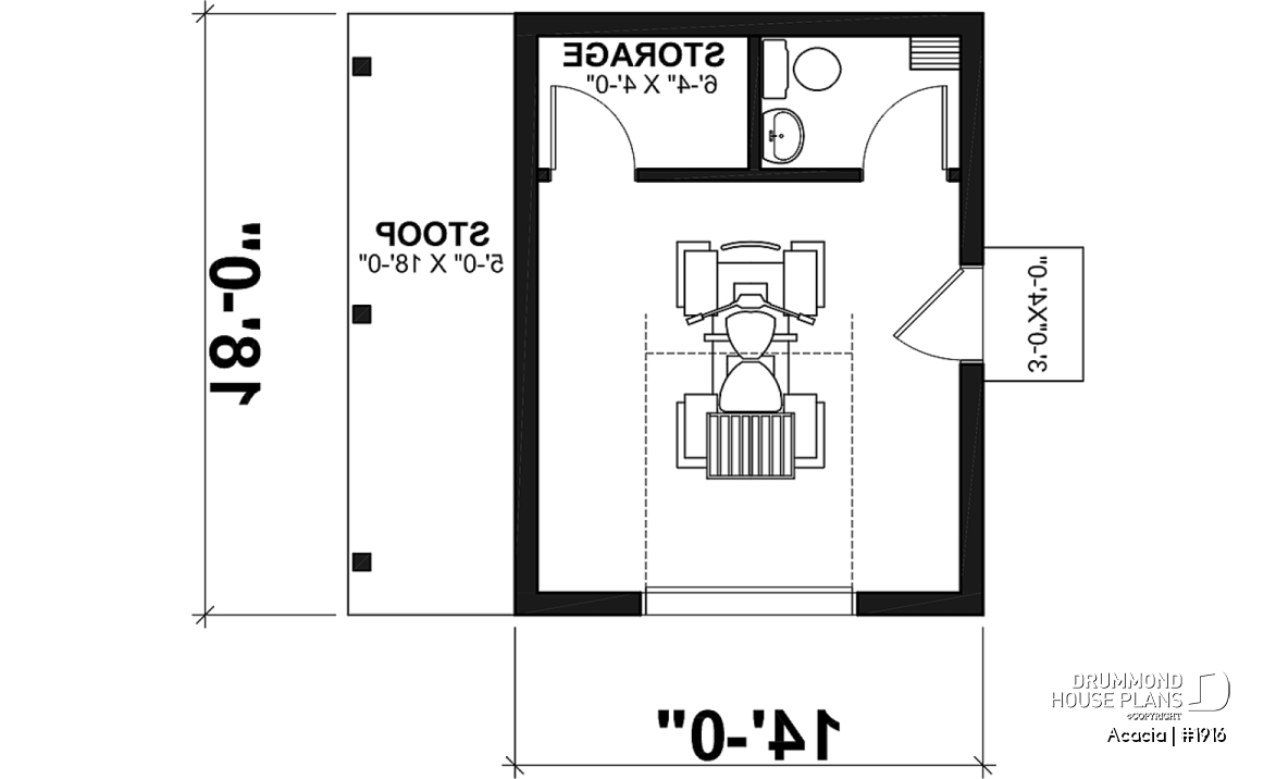 1st level - Shed plan with bathroom, lean-to to store bicycles or firewood in the shelter - Acacia