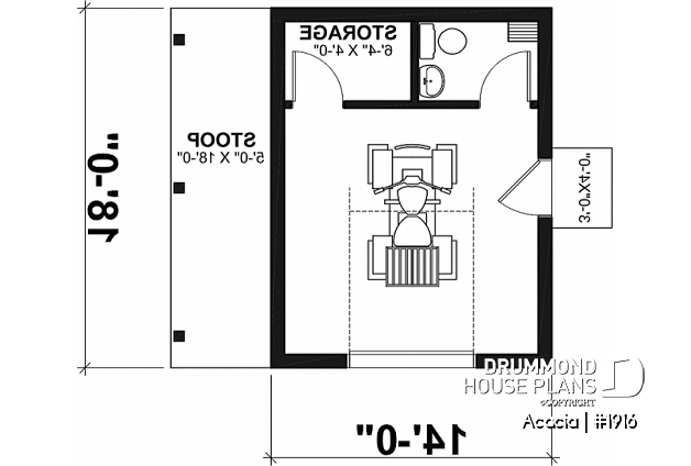 1st level - Shed plan with bathroom, lean-to to store bicycles or firewood in the shelter - Acacia