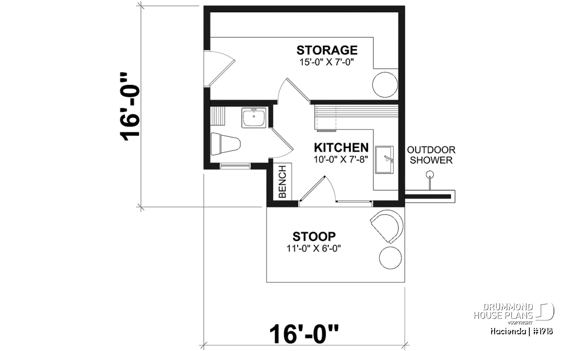 1st level - Pool cabana plan with small kitchen, half bath, large interior storage and outdoor shower - Hacienda