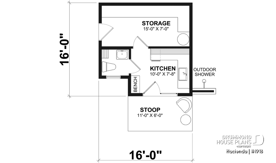 1st level - Pool cabana plan with small kitchen, half bath, large interior storage and outdoor shower - Hacienda