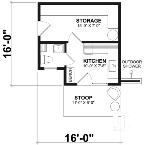1st level - Pool cabana plan with small kitchen, half bath, large interior storage and outdoor shower - Hacienda