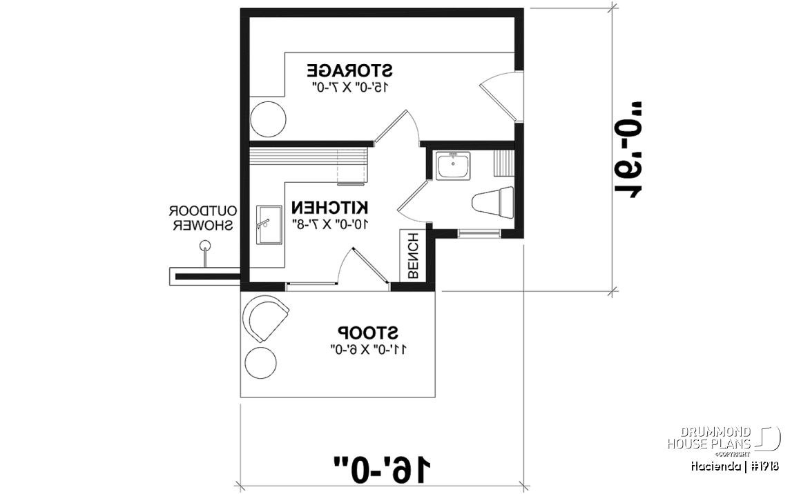1st level - Pool cabana plan with small kitchen, half bath, large interior storage and outdoor shower - Hacienda