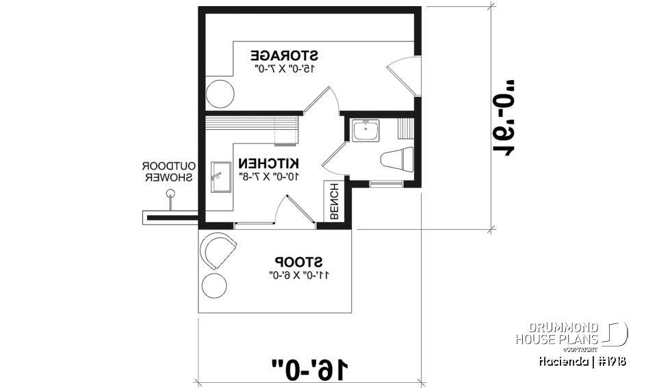 1st level - Pool cabana plan with small kitchen, half bath, large interior storage and outdoor shower - Hacienda