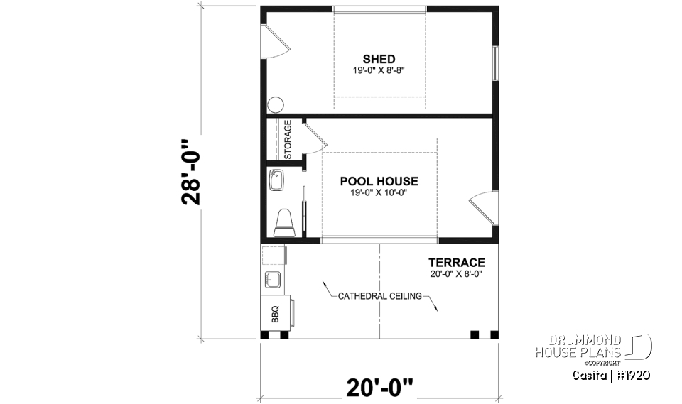 1st level - Cabana plan with storage at the back and versatile room at the front, incl. half bath - Casita