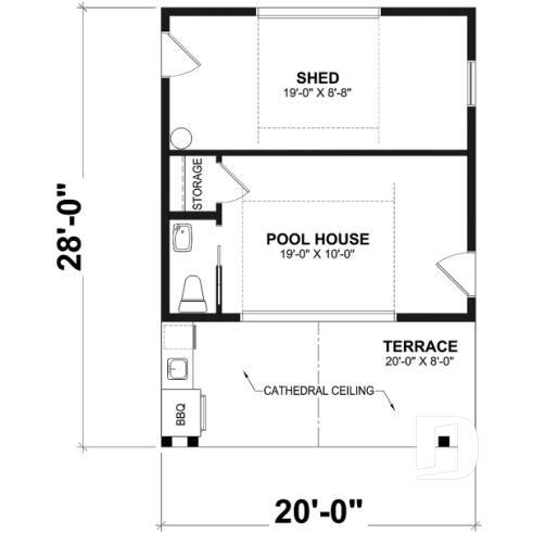 1st level - Cabana plan with storage at the back and versatile room at the front, incl. half bath - Casita