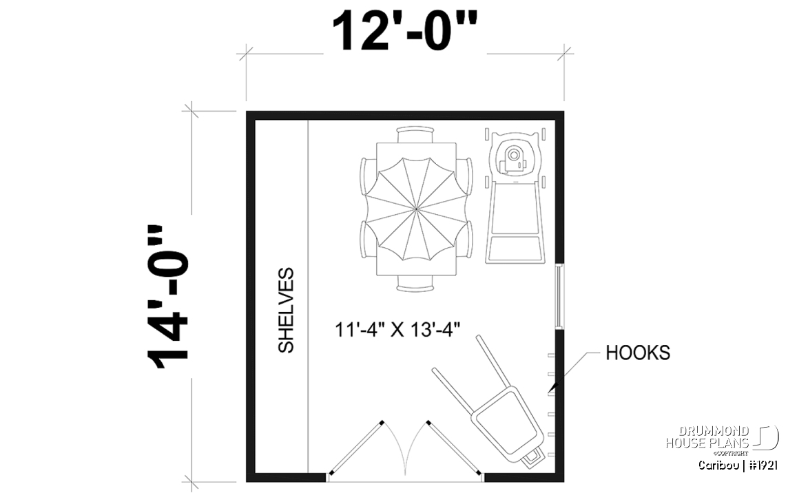 1st level - Shed plan with shelves and hooks for maximum storage - Caribou