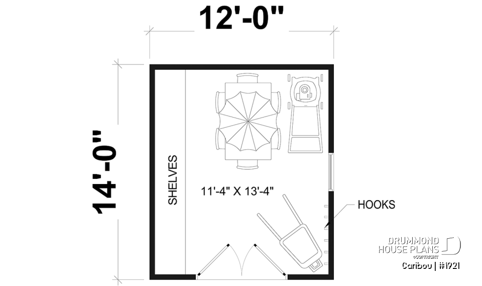 1st level - Shed plan with shelves and hooks for maximum storage - Caribou