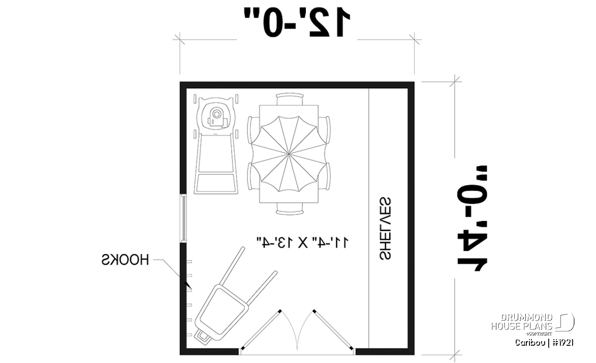 1st level - Shed plan with shelves and hooks for maximum storage - Caribou