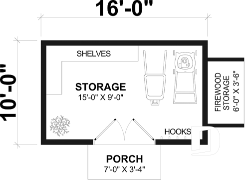 1st level - Stylish and simple shed plan with shelf and log storage areas - Zermatt