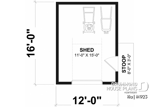 1st level - Shed plan featuring a mini garage door for easy storage - Kia