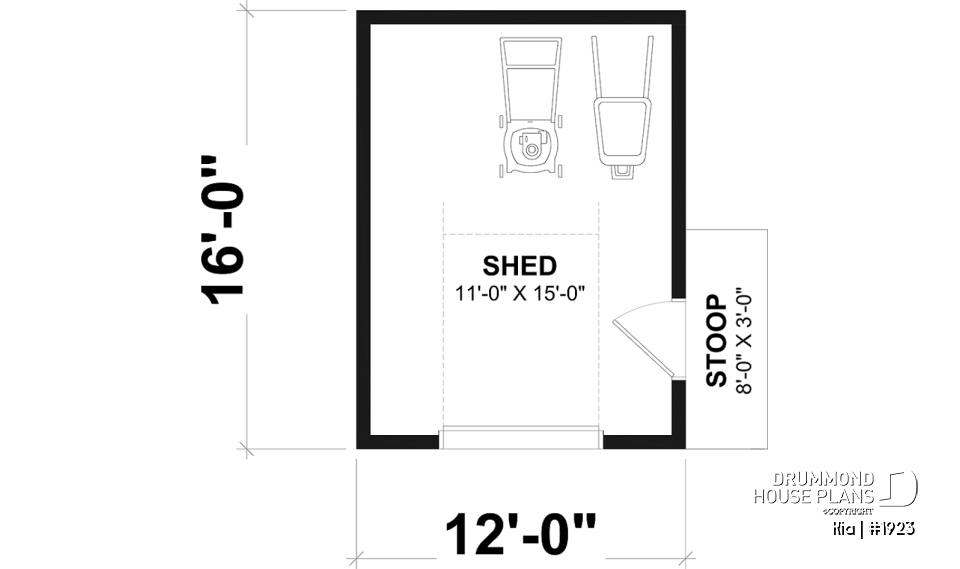 1st level - Shed plan featuring a mini garage door for easy storage - Kia
