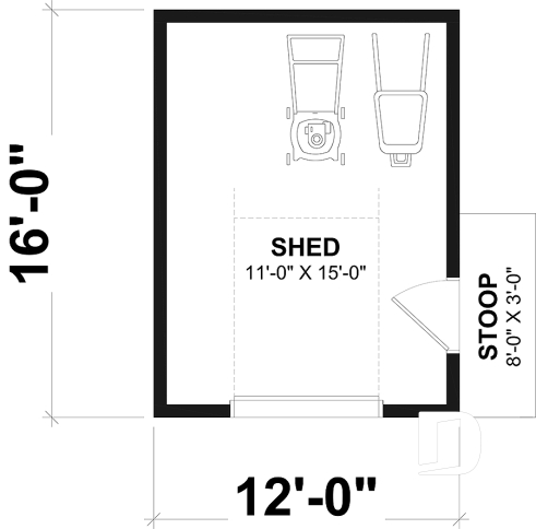 1st level - Shed plan featuring a mini garage door for easy storage - Kia