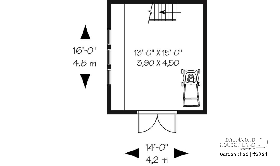 1st level - Barn style shed plan, with upstairs storage accessible by stairs - Garden shed