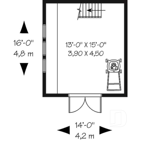 1st level - Barn style shed plan, with upstairs storage accessible by stairs - Garden shed