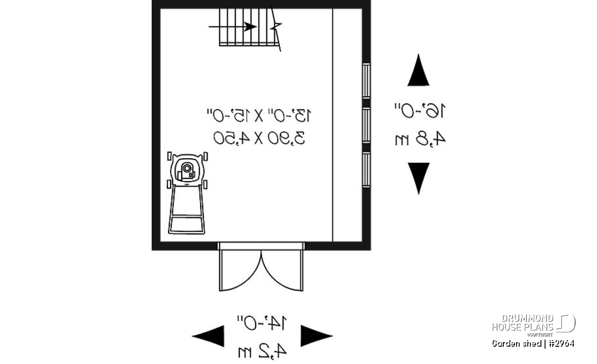 1st level - Barn style shed plan, with upstairs storage accessible by stairs - Garden shed